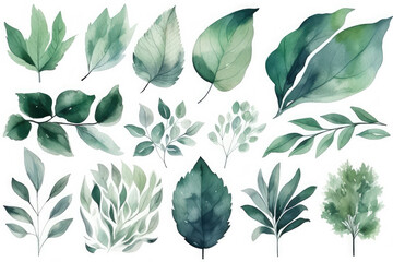 green brush strokes, leaves and other plants, in the style of watercolor illustrations, generative AI