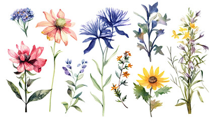 Fototapeta na wymiar mountain wildflowers in watercolor style, isolated on a transparent background for design layouts