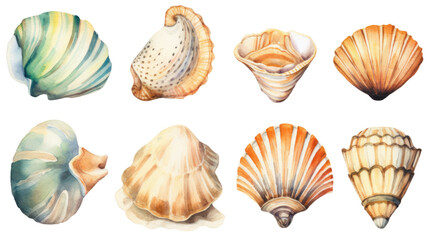 watercolor seashells in watercolor style, isolated on a transparent background for design layouts