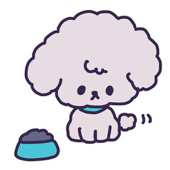 ごはんの前でおすわりしているかわいいトイプードルの子犬のイラスト