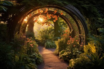 Magical sunset casting a golden glow over a secluded fairytale garden, where whimsical creatures gather under enchanting flower arches. Generative AI