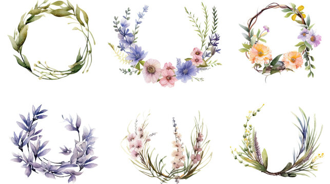 wildflower wreath collection in watercolor style, isolated on a transparent background for design layouts