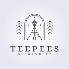 line badge traditional teepees logo vector illustration design, wild life indian ethnic lodge © Lodzrov