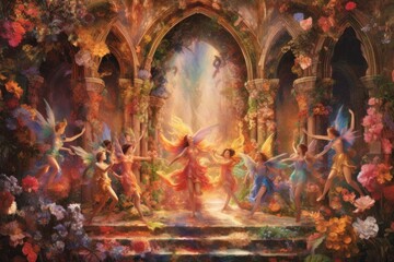 Fototapeta premium Dreamy fairies dancing amidst a mesmerizing tapestry of flower arches, creating a kaleidoscope of colors in a secret garden. Generative AI
