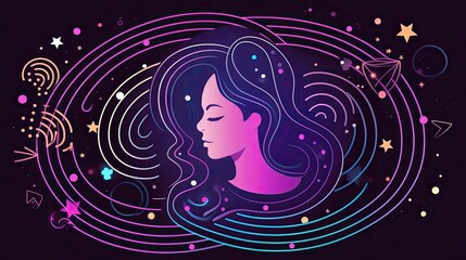 Peaceful woman with third eye employs intuition in decisions. Psychic girl considers mind and heart. Spirituality, esotericism. illustration in cartoon style, Generative AI illustration