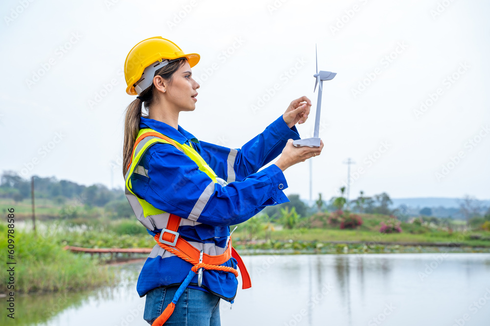 Poster engineer inspection and survey work in wind turbine farms rotation to generate electricity energy.