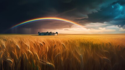 Bread field of golden spikelets with a rainbow and approaching thunderclouds. AI generation 