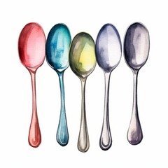 Five Colorful Spoons Isolated on White Background, Watercolor-Style Illustration, Utensils As Metaphor for Chronic Illness [Generative AI]