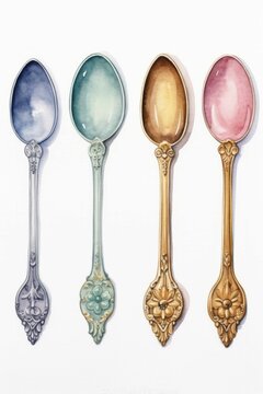 Four Fancy Ornate Spoons Isolated on White Background, Watercolor-Style Illustration, Colorful Silver Spoon or Chronic Illness Metaphor [Generative AI]