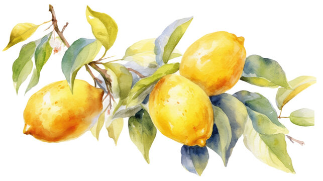 lemon branch in watercolor style, isolated on a transparent background for design layouts