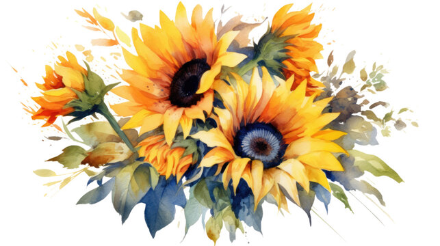 sunflower bouquet in watercolor style, isolated on a transparent background for design layouts