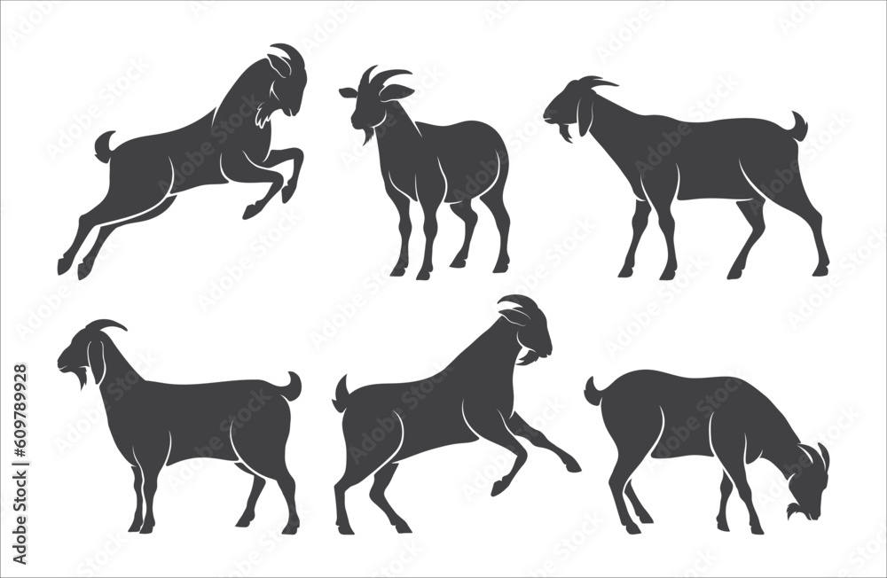 Wall mural Goat vector icon set. Goat side view silhouette. Farm goat animal logo design pack. Goat symbol. Vector illustration.