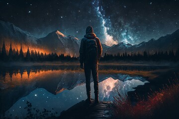 man watching the stars at night, vast sky, generative ai