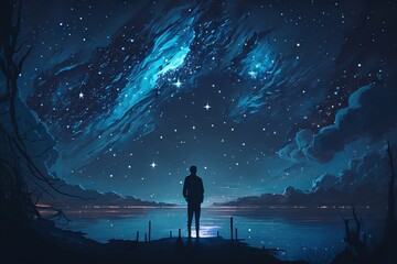 Obraz premium man watching the stars at night, vast sky, generative ai