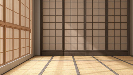 Empty traditional Japanese style room in sunlight from wood shoji blind window on tatami mat floor, shoji wall for Asian interior design decoration, architecture, lifestyle product background 3D