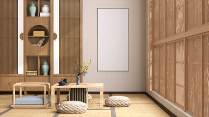 Blank long vertical photo poster frame on beige wall in traditional Japanese living room, wood cupboard, chabudai, pouf seat chair on tatami mat in sunlight, shoji window. Asian template background 3D