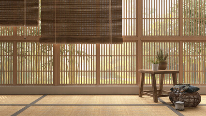 Traditional room with Japanese shoji window wall, bamboo blind curtain, tatami mat floor, small wooden stool, houseplant in pot in sunlight. Asian interior design decoration, product background 3D