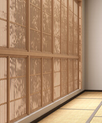 Beautiful shadow of tree foliage on wooden shoji blind window in traditional Japanese room with tatami mat floor, beige wall for Asian interior design decoration, architecture, product background 3D