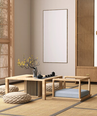 Blank long vertical photo poster frame on beige wall in traditional Japanese living room, wood cupboard, chabudai, pouf seat chair on tatami mat in sunlight, shoji window. Asian template background 3D