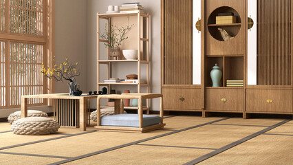 Traditional Japanese brown living room with wood cupboard, shelf, chabudai, pouf seat chair on tatami mat in sunlight from shoji window. Asian interior design, product background 3D