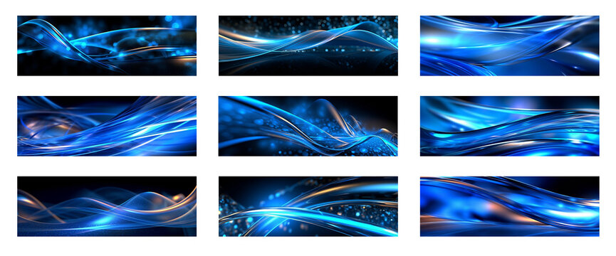 Abstract Blue Wave Technology mobile, web banners set. Global cyber network curves concept, blue lines connectivity design for wireless WIFI connection technology or twitter news. Generative AI
