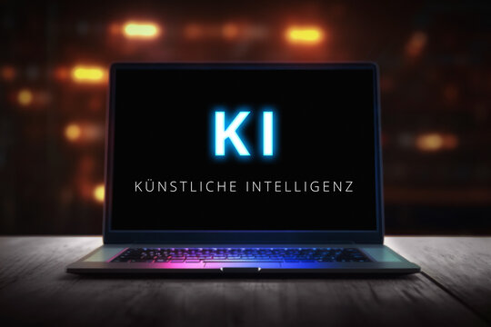 Laptop mit dem Text "KI, k&uuml;nstliche Intelligenz" darauf - erstellt mit generativer KI - retuschiert und verbessert