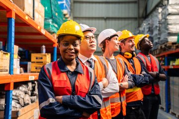 Portrait group of diverse industry worker working in factory warehouse. 