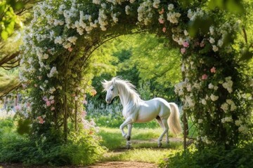Obraz na płótnie Canvas White horse grazing peacefully in a picturesque fairytale garden, surrounded by lush green foliage and whimsical flower arches. Generative AI