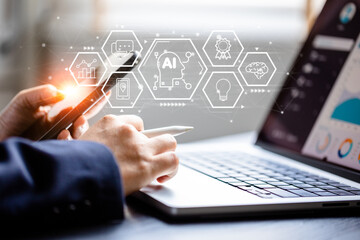 Businesswomen using smartphone working on artificial intelligence.analyze data marketing and business trend. innovation disruption original, Chatbot  AI technology concept