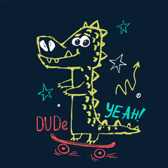 Crocodile on skateboard funny cool summer t-shirt print design. Skater in skatepark. Slogan. Skate safari animal