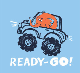 Elephant monster, truck funny cool summer t-shirt print design. Racing car. Speed sport buggy big foot auto.