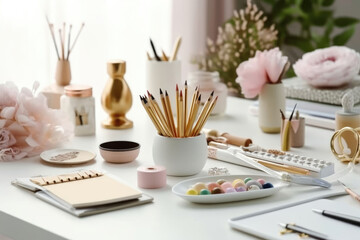 Naklejka na ściany i meble stock photo of stationery tools on the chic feminine Generative AI