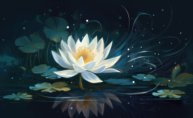 magic white lotus flower on water - shiny blossom lights with bokeh background, generative AI	