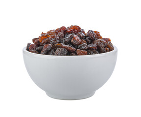 Black raisin on white bowl isolated on transparent png
