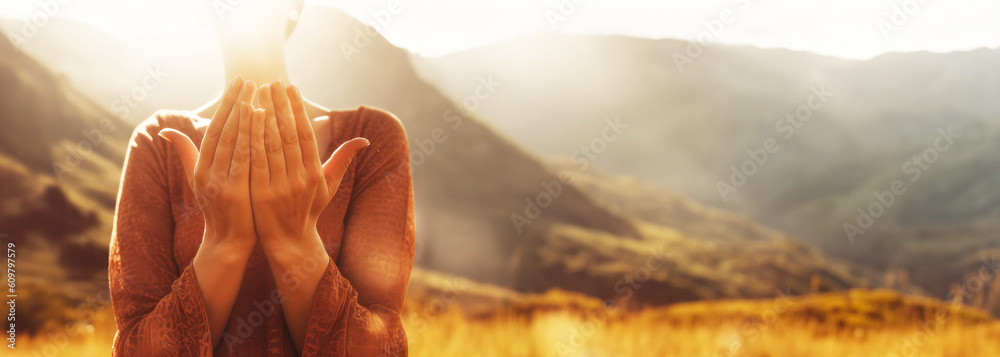 Wall mural woman praying worship god.teenager woman hand praying,hands folded in prayer.thanksgiving, forgivene