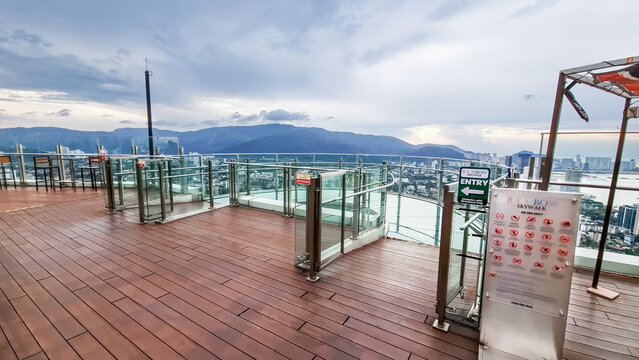 Rainbow skywalk with curved observatory bridge on Komtar is a tourist attraction landmark in Penang Island