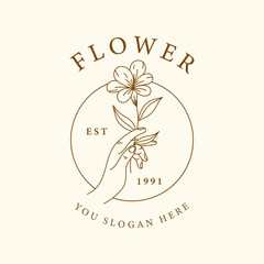Flower line art with hand logo design template for you business logo,beauty logo