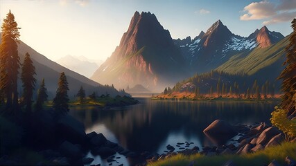 Fototapeta na wymiar Stunning landscape river golden hour falls and mountains. Generative AI