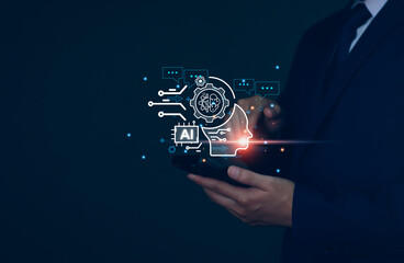 Chatbot concept. AI, Artificial Intelligence. businessman using technology smart robot chat AI,...
