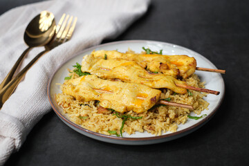 chicken satay on curry balsamic rice. Asian or Indian food.