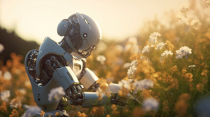 Fototapeta premium A humanoid robot smelling a white flowers in a flower field.