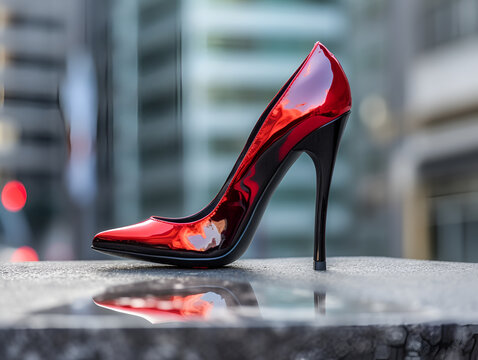 Smooth shiny red high heel stiletto shoe with buildings in the background, Generative AI