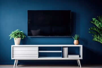 modern TV stand decorated with plants Generative AI