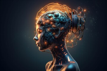 A futuristic cyborg mind with circuitry intertwining through the cerebral cortex, illustrating the marriage of human intelligence and AI. Generative AI