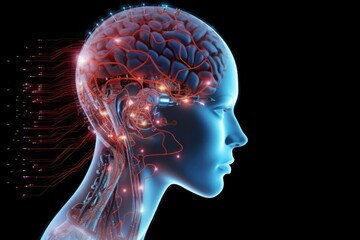 Obraz premium A futuristic cyborg mind with circuitry intertwining through the cerebral cortex, illustrating the marriage of human intelligence and AI. Generative AI