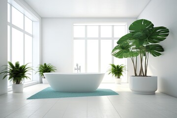 cozy and natural bathroom with a bathtub, plants and a rug Generative AI