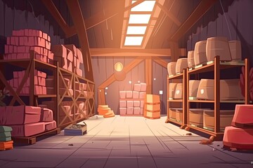 storage room with numerous shelves and boxes Generative AI