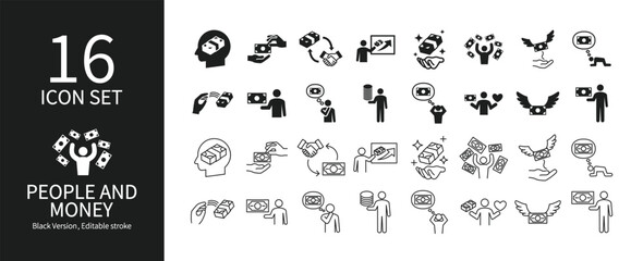 Icon set related to money and people