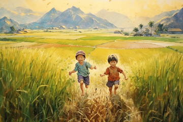 Fototapeta na wymiar Watercolor painting in summer day in rural countryside and town of Vietnam, children, having fun