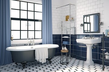 modern bathroom with a bathtub, sink, and mirror Generative AI